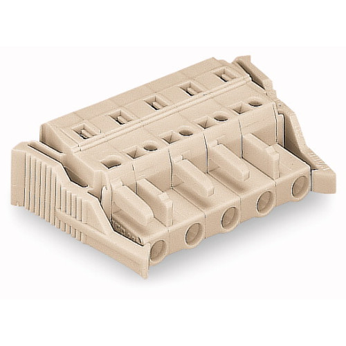 Female connector 100 protected against mismating with lateral locking levers light gray