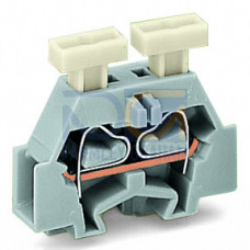Space-saving, 2-conductor end terminal block, on both sides with push-button, without protruding snap-in mounting foot, light gray