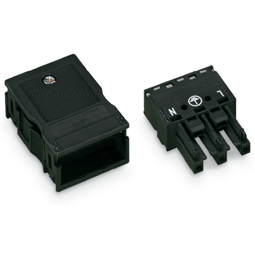 Socket, with strain relief housing, 3-pole, black