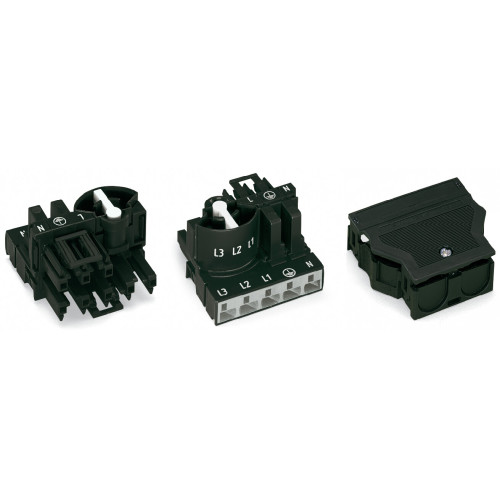 Three-phase to single-phase distribution connector, with phase selection, 5-pole/3-pole, black