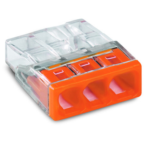COMPACT PUSH WIRE connector for junction boxes 3-conductor terminal block transparent housing orange cover
