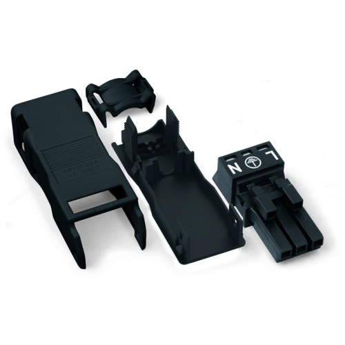 Socket, with strain relief housing, 3-pole, black