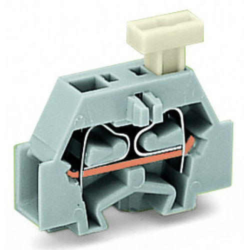 Space-saving, 2-conductor end terminal block, on one side with push-button, without protruding snap-in mounting foot, gray