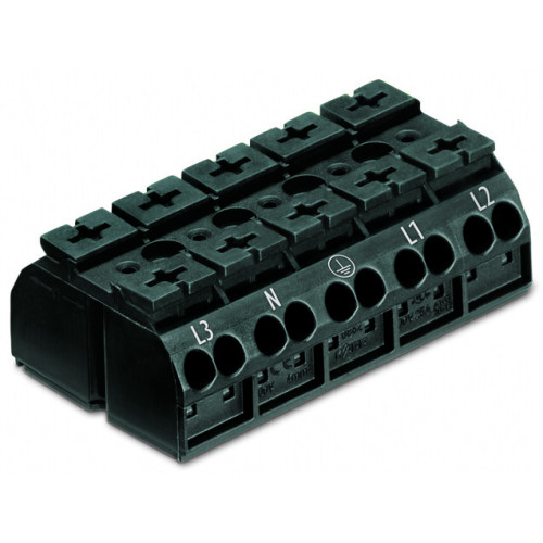 4-conductor chassis-mount terminal strip, without ground contact, L3-N-PE-L1-L2, black