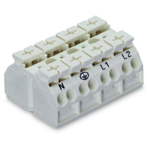 4-conductor chassis-mount terminal strip, without ground contact, N-PE-L1-L2, white