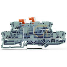 Double-deck, double-disconnect terminal block, with 2 pivoting knife disconnects, N/L, gray