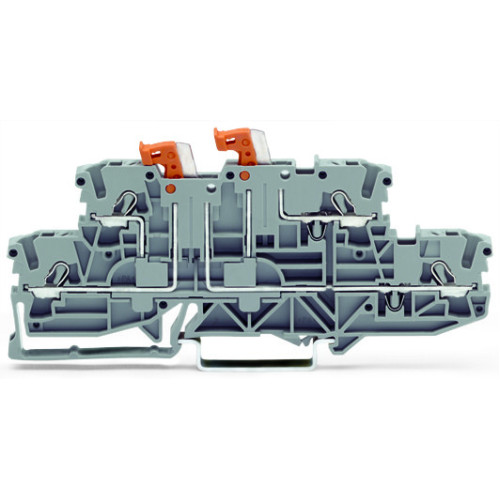 Double-deck, double-disconnect terminal block, with 2 pivoting knife disconnects, N/L, gray
