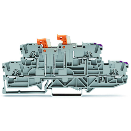 Double-deck, double-disconnect terminal block, with 2 pivoting knife disconnects, lower and upper decks internally commoned on right side, gray