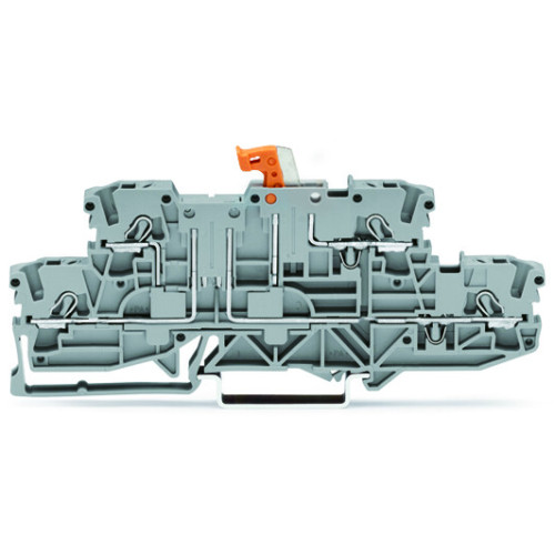 Double-deck disconnect terminal block, with pivoting knife disconnect, same profile as double-deck, double-disconnect terminal block, gray