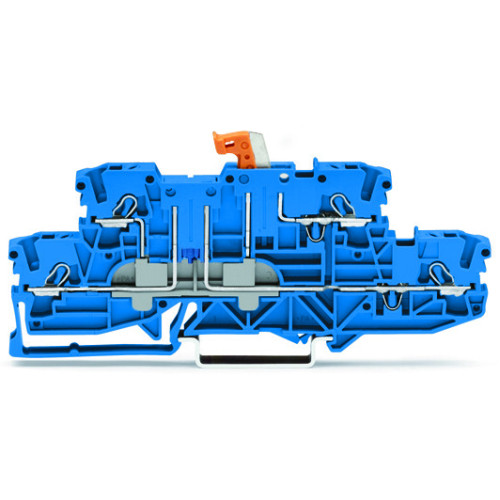 Double-deck disconnect terminal block, with pivoting knife disconnect, same profile as double-deck, double-disconnect terminal block, blue