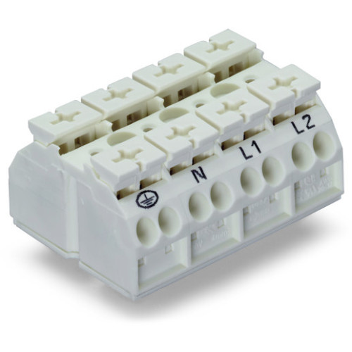 4-conductor chassis-mount terminal strip, with ground contact, PE-N-L1-L2, white