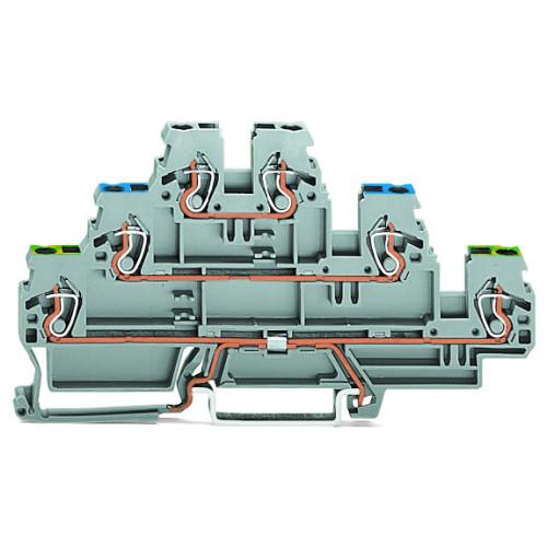 Triple-deck terminal block, Ground conductor/through/through terminal block, 2.5 mm&sup2;, gray