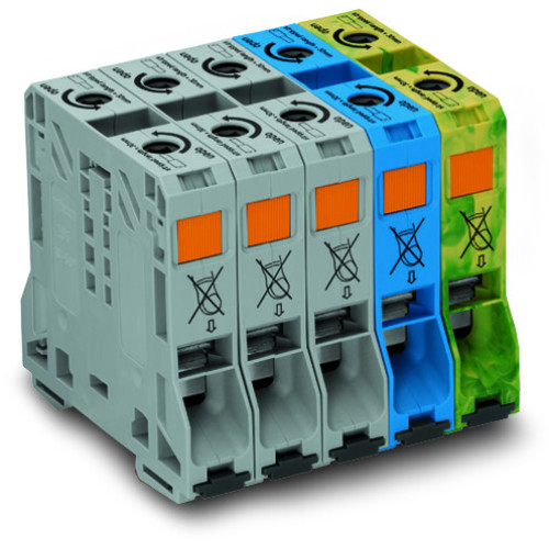 Three phase set, with 50 mm&sup2; high-current tbs, only for DIN 35 x 15 rail, gray/blue/green-yellow