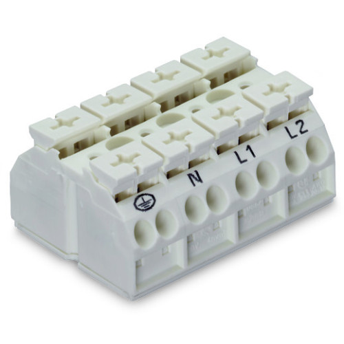 4-conductor chassis-mount terminal strip, without ground contact, PE-N-L1-L2, white