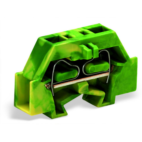Space-saving, 2-conductor end terminal block, without push-buttons, without protruding snap-in mounting foot, green-yellow