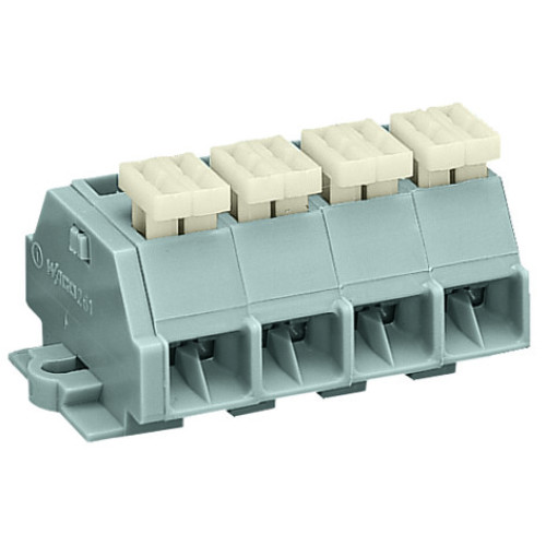 4-conductor terminal strip, on one side with push-buttons, with fixing flanges, gray