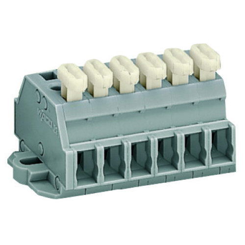 2-conductor terminal strip, on one side with push-buttons, with fixing flanges, gray