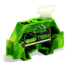 Space-saving, 2-conductor end terminal block, on one side with push-button, without protruding snap-in mounting foot, green-yellow