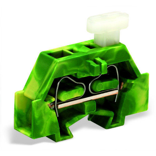Space-saving, 2-conductor end terminal block, on one side with push-button, without protruding snap-in mounting foot, green-yellow