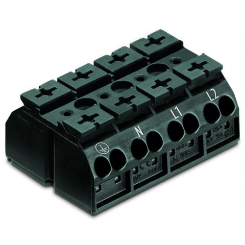 4-conductor chassis-mount terminal strip, with ground contact, PE-N-L1-L2, black