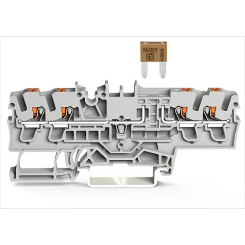 4-conductor fuse terminal block, for mini-automotive blade-style fuses, with test option, gray