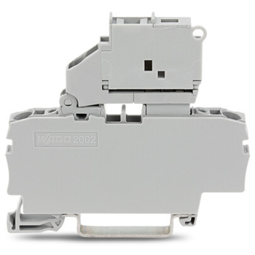 2-conductor fuse terminal block, with pivoting fuse holder, and end plate, blue