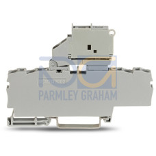 4-conductor fuse terminal block, with pivoting fuse holder, and end plate, gray