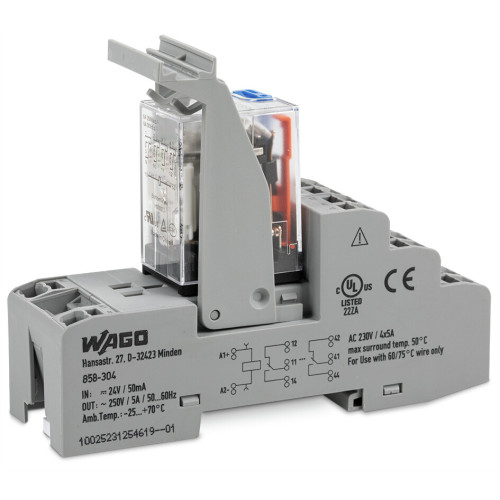 Relay module, Nominal input voltage: 24 VDC, 4 changeover contacts, Limiting continuous current: 5 A
