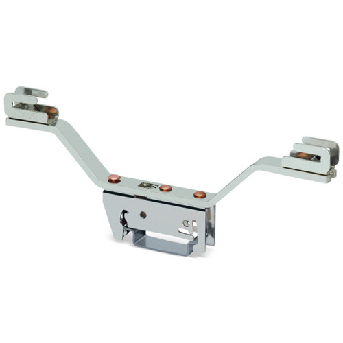 Busbar carrier, for busbars Cu 10 mm x 3 mm, both sides, angled, silver-colored