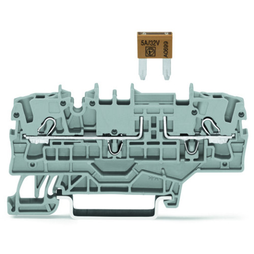 2-conductor fuse terminal block, for mini-automotive blade-style fuses, with test option, gray