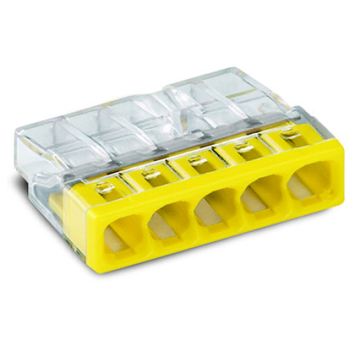 COMPACT PUSH WIRE connector for junction boxes 5-conductor terminal block transparent housing yellow cover