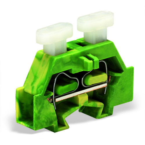 Space-saving, 2-conductor end terminal block, on both sides with push-button, without protruding snap-in mounting foot, green-yellow