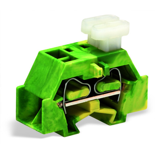 Space-saving, 4-conductor end terminal block, on one side with push-buttons, without protruding snap-in mounting foot, green-yellow