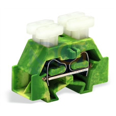 Space-saving, 4-conductor end terminal block, on both sides with push-buttons, without protruding snap-in mounting foot, green-yellow