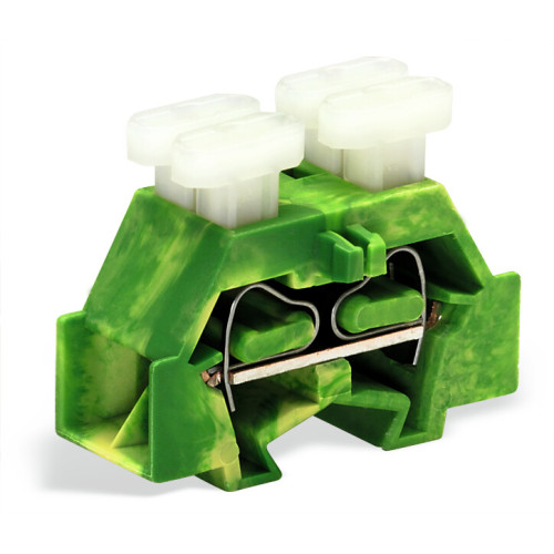 Space-saving, 4-conductor end terminal block, on both sides with push-buttons, without protruding snap-in mounting foot, green-yellow