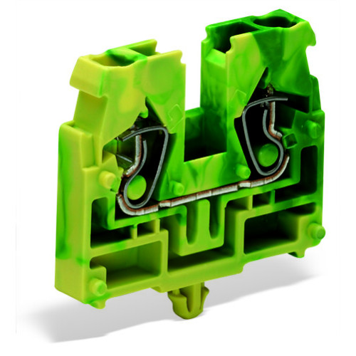 2-conductor center terminal block, without push-buttons, with snap-in mounting foot, green-yellow