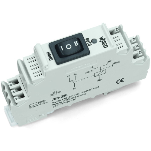 Relay module in DIN-rail-mount enclosure Relay with 1 changeover contact (1u) Manual/0FF/Auto switch for lamp loads