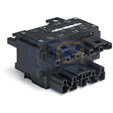 Three-phase to single-phase distribution connector, with phase selection, 5-pole/3-pole, black