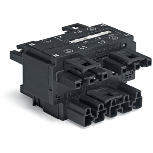 Three-phase to single-phase distribution connector, with phase selection, 5-pole/3-pole, black
