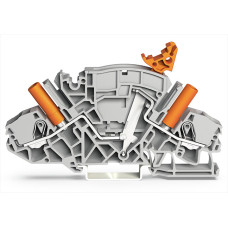 2-conductor disconnect/test terminal block, e.g., current transformer circuits, with receptacle for adjacent jumper with switch lever, gray