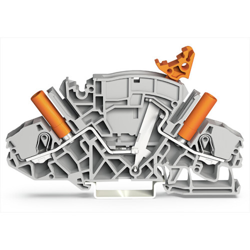 2-conductor disconnect/test terminal block, e.g., current transformer circuits, with receptacle for adjacent jumper with switch lever, gray