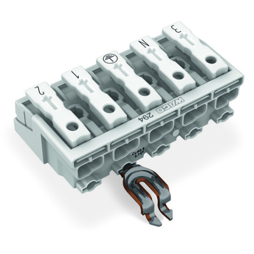 Lighting connector, push-button, external, with angled snap-in ground contact, white