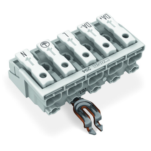 Lighting connector, push-button, external, with angled snap-in ground contact, white