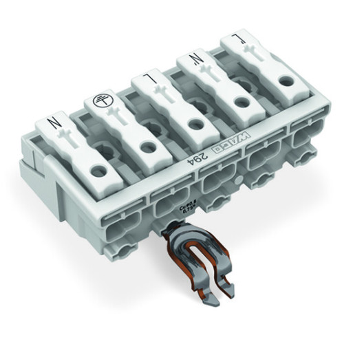 Lighting connector, push-button, external, with angled snap-in ground contact, white