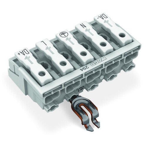 Lighting connector, push-button, external, with angled snap-in ground contact, white