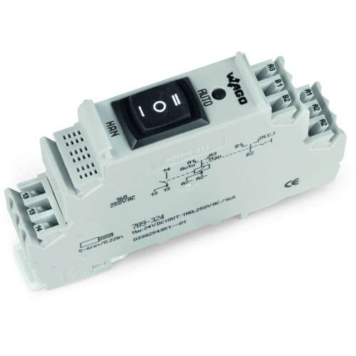 Relay module in DIN-rail-mount enclosure Relay with 1 changeover contact (1u) Manual/0FF/Auto switch monitoring contact