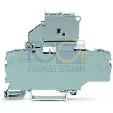 3-conductor fuse terminal block, with pivoting fuse holder, and end plate, gray