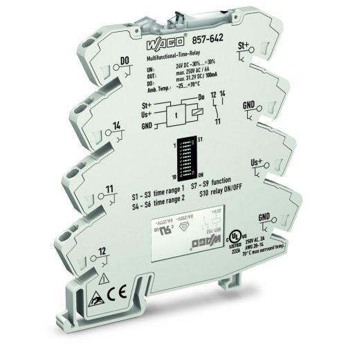 Multifunction timing relay with 1 changeover contact (1u) 8 tiem ranges 7 functions 2 adjustable time ranges Temperature range: -25 &deg;C ... +70 &deg;C for railway operations