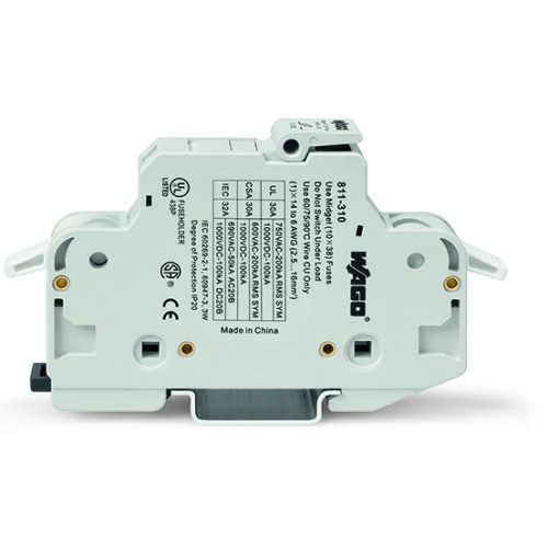 2-conductor fuse holder&nbsp;&nbsp;&nbsp;, for cylindrical fuses 10 x 38 mm,  13/32" x 11/2", 1-pole, light gray