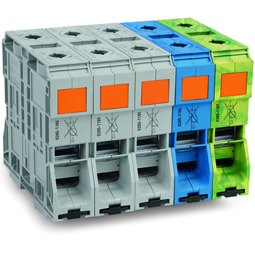 Three phase set, with 185/120 mm&sup2; high-current tbs, only for DIN 35 x 15 rail, gray/blue/green-yellow